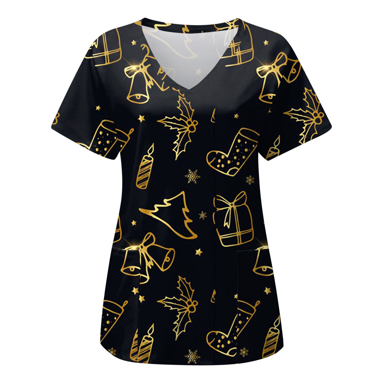 2023 Independent station Foreign trade autumn and winter New Christmas digital 3D printing V-neck pocket short sleeve t-shirt women's protective clothing