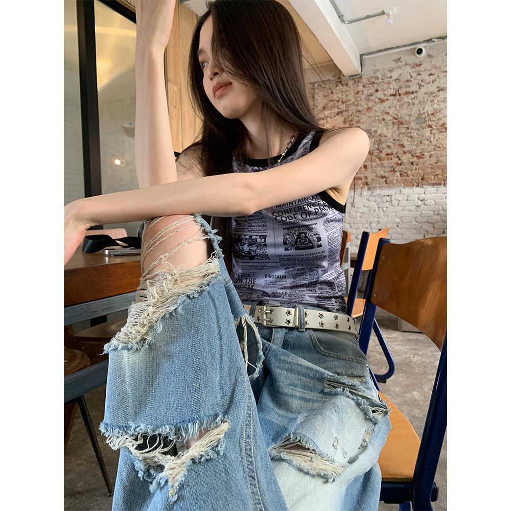 9hour High Street Ripped Jeans Women's 2024 Summer New Ins Loose Wide Leg 90538 Pants