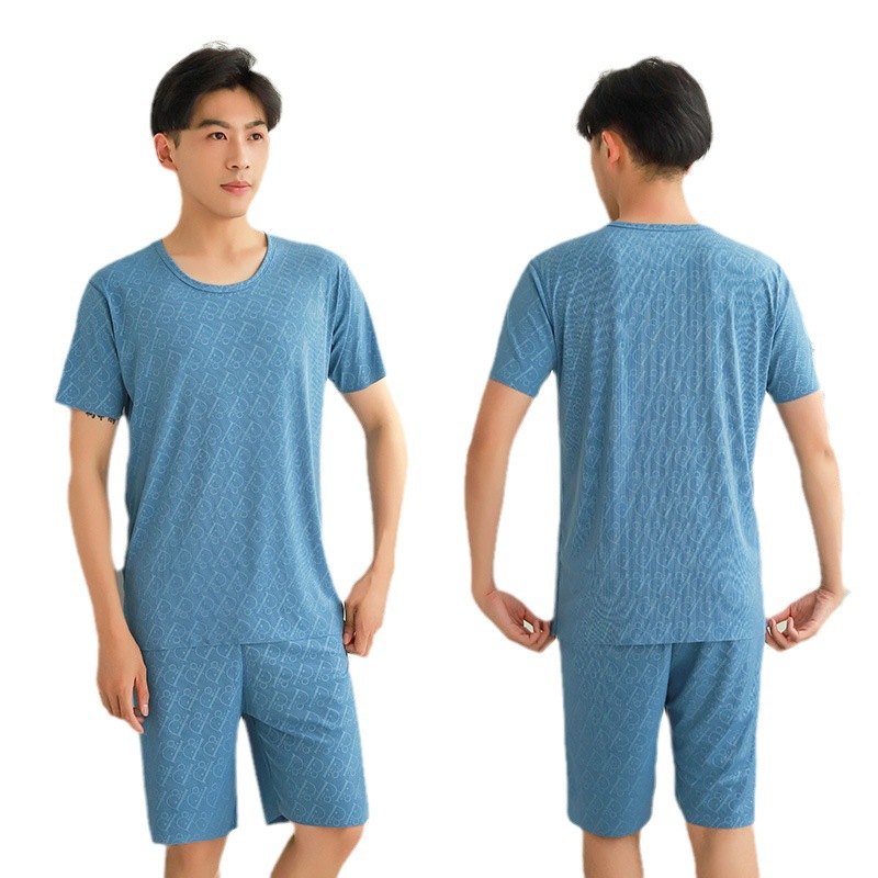 Couple Women Men's New Round Neck Short-sleeved Pajama Pants suit Summer Shorts Men's Thin Traceless Ice Silk Home Clothes