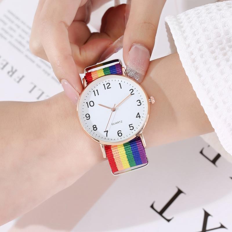 跨境热销彩虹色超薄帆布表带12数字经典简约男女学生考试休闲手表