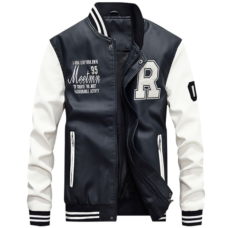 2023 Spring and Autumn New Youth Baseball Suit Fleece PU Leather Men's Motorcycle Jacket Coat Tough Guy Leather Coat