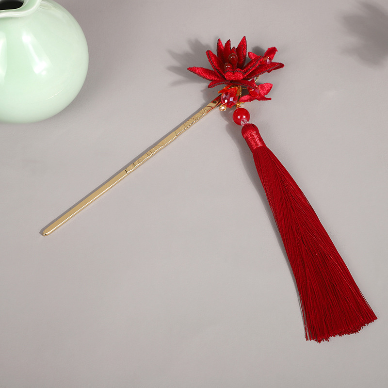 Ancient style red tassel hairpin hair accessories Hanfu headdress velvet flower updo vintage hairpin simple cheongsam alloy hairpin