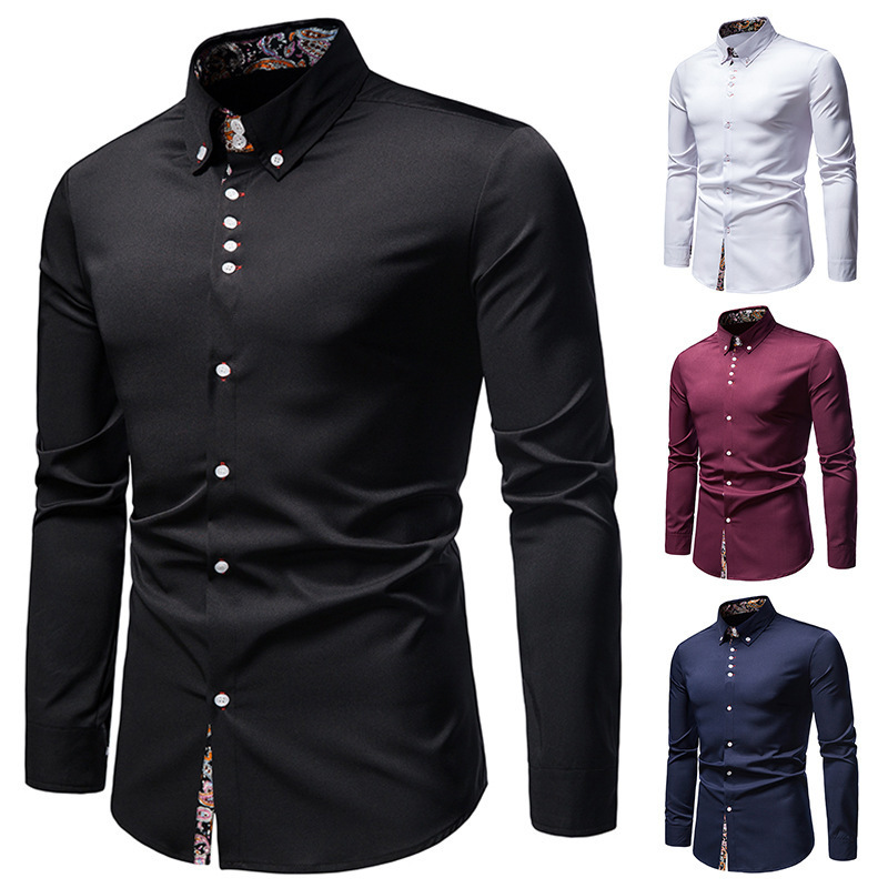 Cross-border 2022 new men's long-sleeved shirt European and American style youth casual lapel slim color matching shirt men's wholesale
