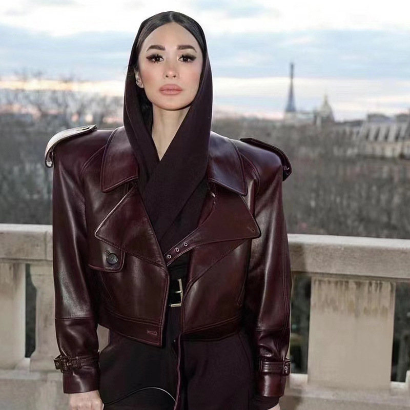 2023 Autumn and Winter Show Poplar Forest Classic Wine Red Ultra Short Shoulder Leather Jacket Short Coat for Women