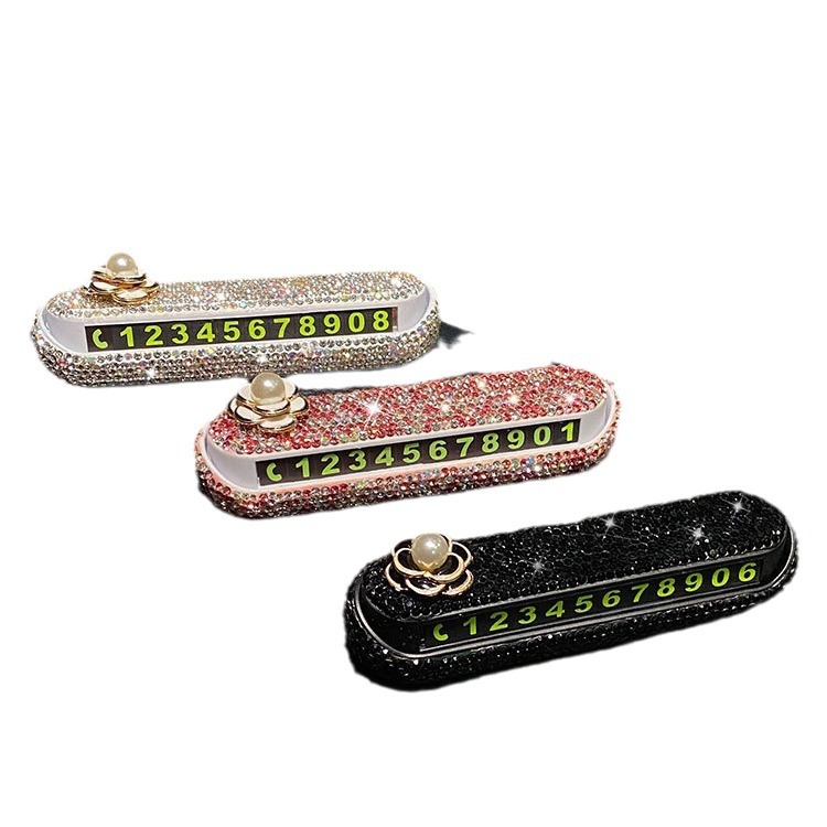 High-grade diamond-encrusted car temporary parking plate female online celebrity creative phone number plate car moving card car moving decoration