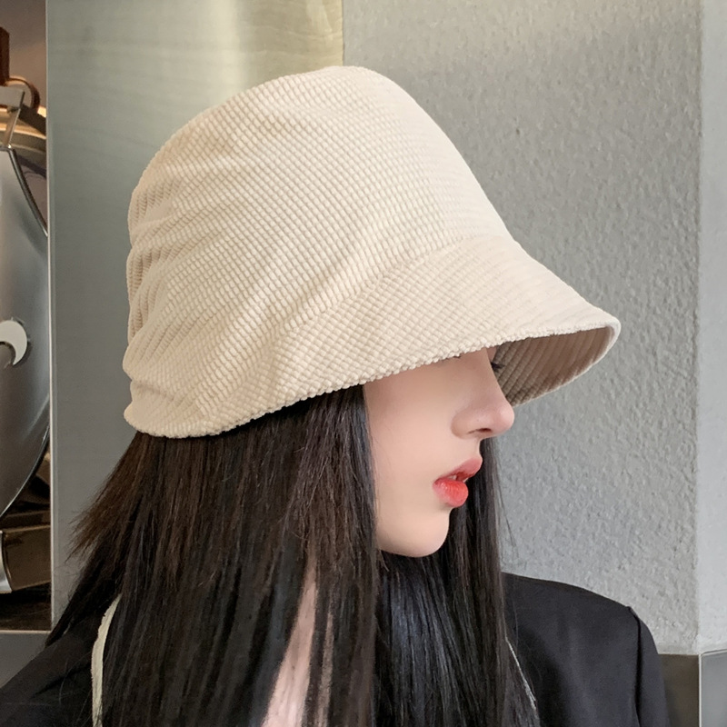 Fisherman hat women's autumn plain face-covering bucket hat corduroy face-looking small all-match Japanese Harajuku basin hat short brim