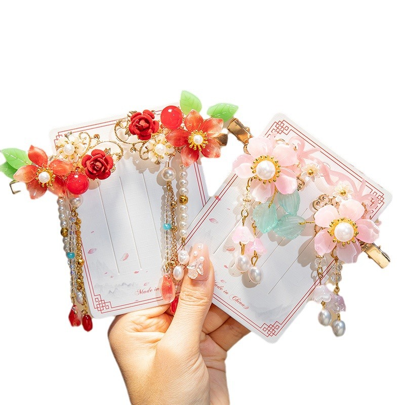 Children's retro Hanfu hair accessories little Princess New Year tassel hairpin headdress Super fairy little girl glass headdress Flower hairpin