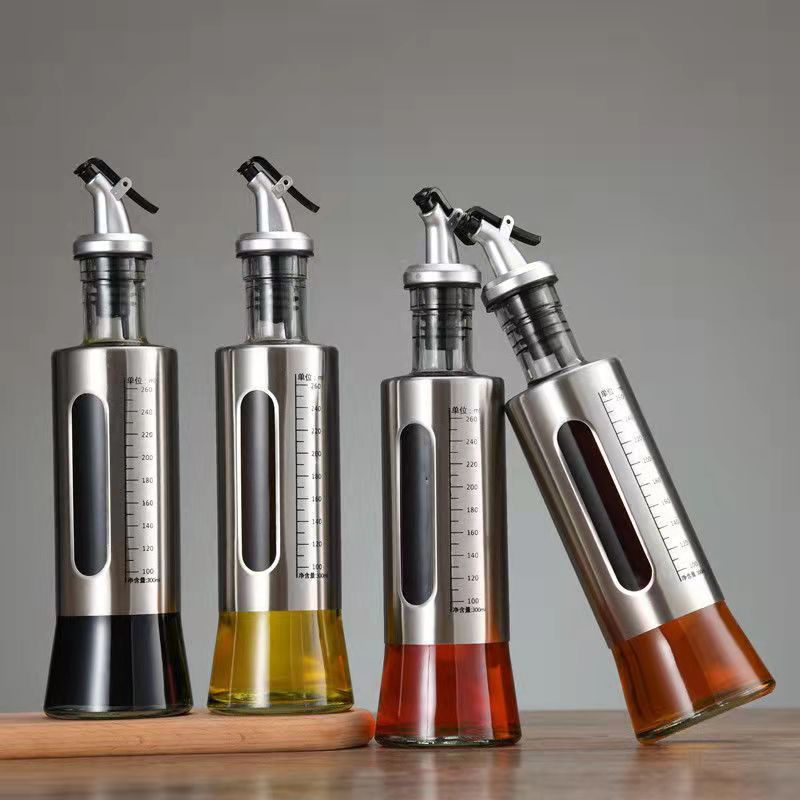 Graduated Glass Oil Bottle Oil Pot Stainless Steel Vinegar Bottle Wine Bottle Household Large Capacity Pot Kitchen Oil Control Pot