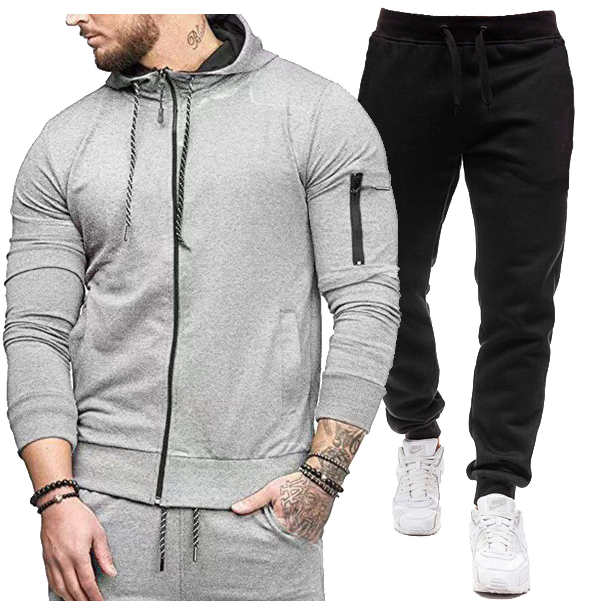 Cross-border muscle fashion European and American leisure sportswear autumn new hooded cardigan sweater suit men