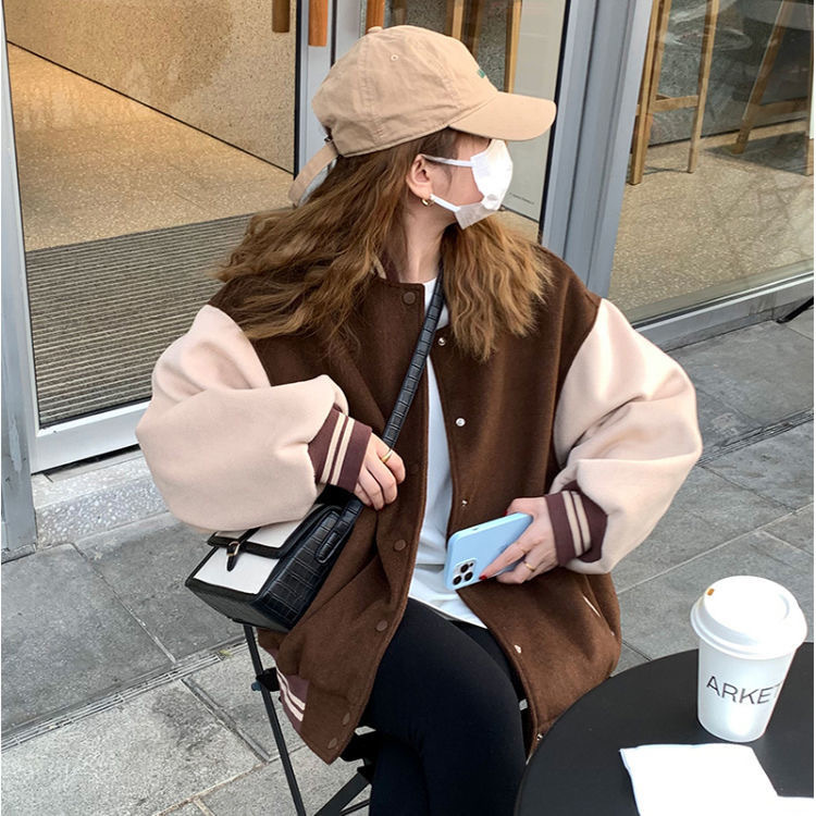 American baseball uniform sweater coat women's 2024 autumn and winter new fleece-lined thickened stitching loose street couple jacket