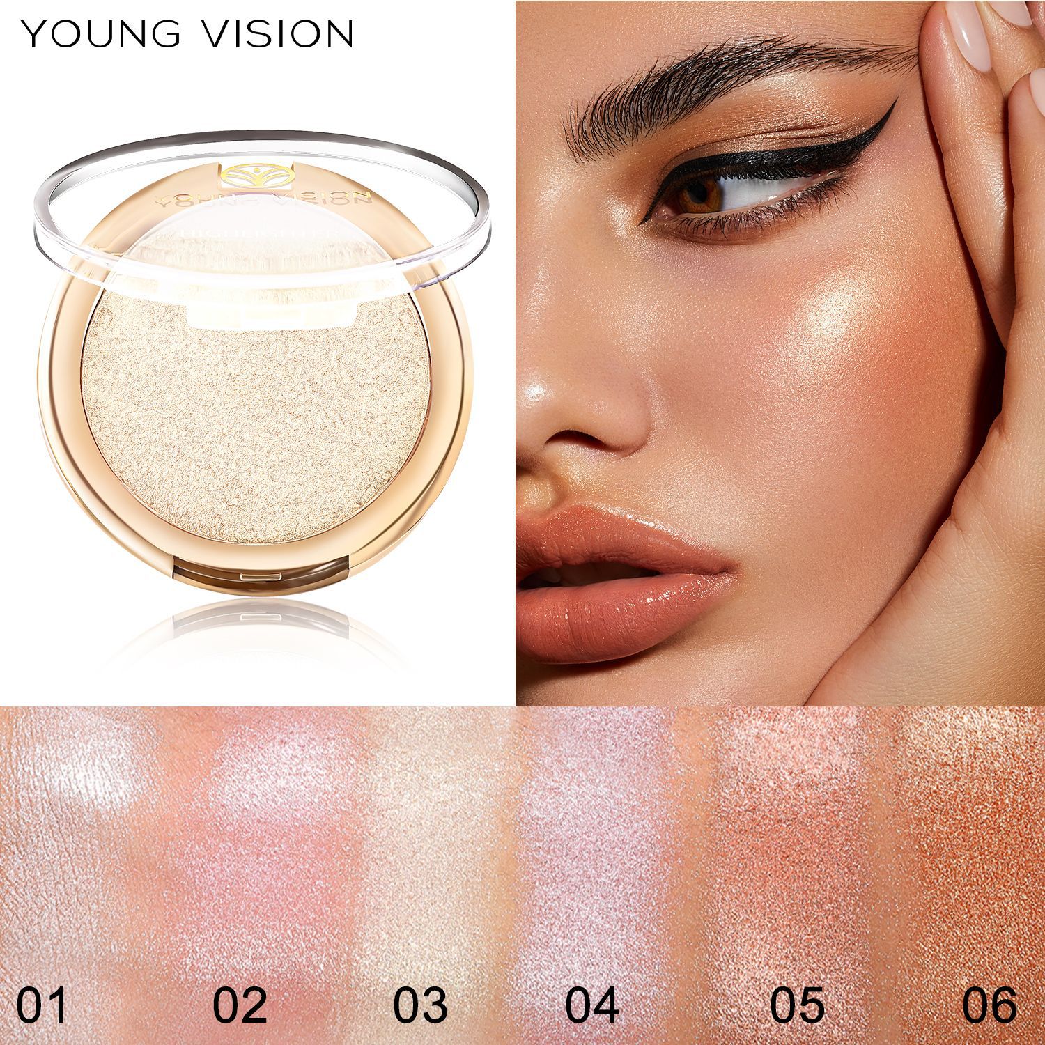 YOUNG VISION high-gloss powder cake brightens skin tone, glitter nose shadow modification three-dimensional high-gloss baking powder pan