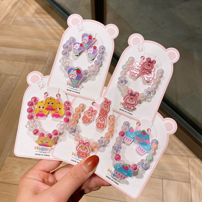 Korean children's colorful beaded bracelet princess cartoon burst bead bracelet ring earrings suit little girl jewelry