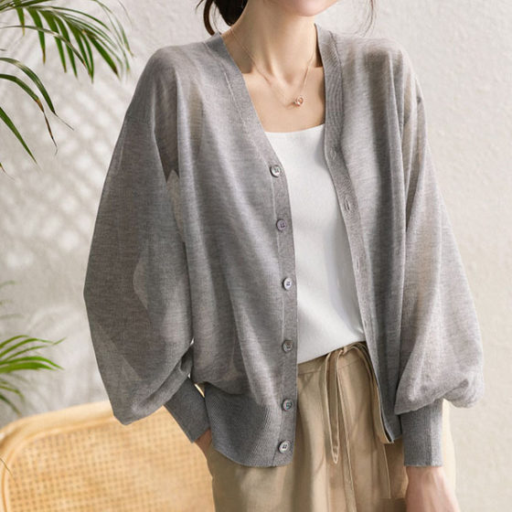 Summer lightweight breathable knitted cardigan women's sun protection shirt V-neck long sleeve solid color elegant casual coat women's wholesale fashion