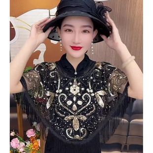 Sequin shawl tassel pullover air-conditioned room shawl Starry Sky yarn petals all-match elegant ethnic style cape shawl