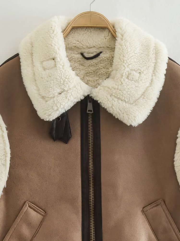 2022 European and American autumn and winter new women's brown fur one-piece lapel vest coat thickened vest K4-6353