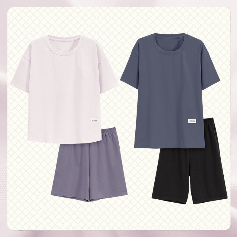 Pajamas Women's Summer Pure Cotton Thin Solid Color Short Sleeve Summer Men's Home Clothes Outwear Couple Pajamas Spring and Autumn