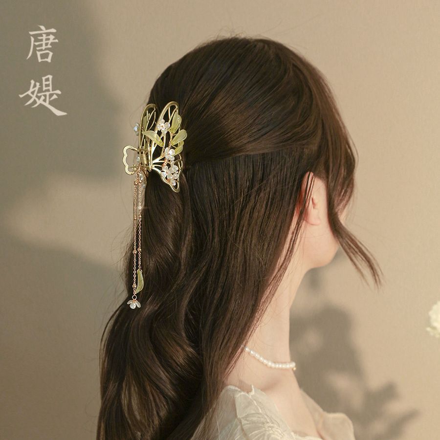 古風鈴蘭流蘇後腦勺蝴蝶抓夾高級感髮夾女夏季大號鯊魚夾漢服配飾
