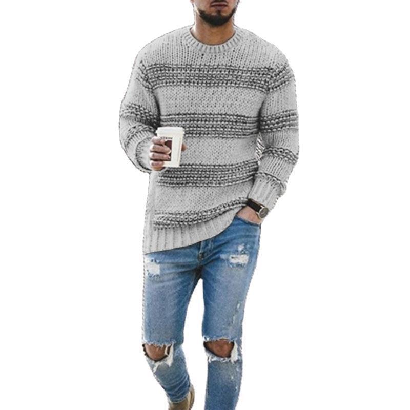 2024 New Cross-border Ebay Amazon Sweater Men's Autumn and Winter Fashion Round Neck Knitted Top Striped Casual Sweater