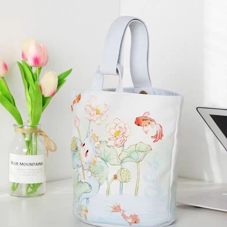 Dragon year Daji bucket bag cute lotus year fish hand bag animal year mascot canvas bag walking bend National Fashion Bag