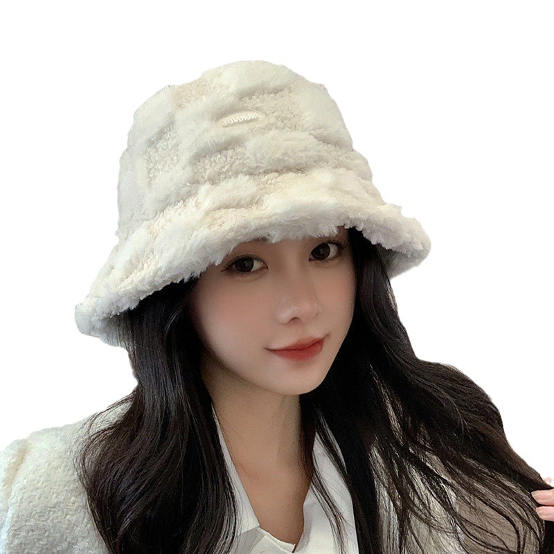 Rabbit Fur Fisherman Hat Children's Japanese Style Chessboard Color-blocking Bucket Hat Autumn and Winter Thickened Warm Face Small Plush Hat