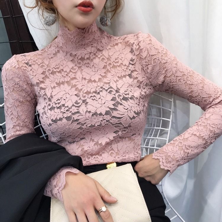 2023 new lace bottoming shirt women's autumn and winter long sleeve Western style inner top elegant slim sexy lace shirt fashion