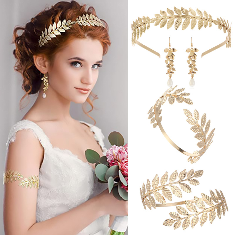 Kaitong European and American bridal leaf headband personality Baroque style golden leaf open arm ring pearl earrings