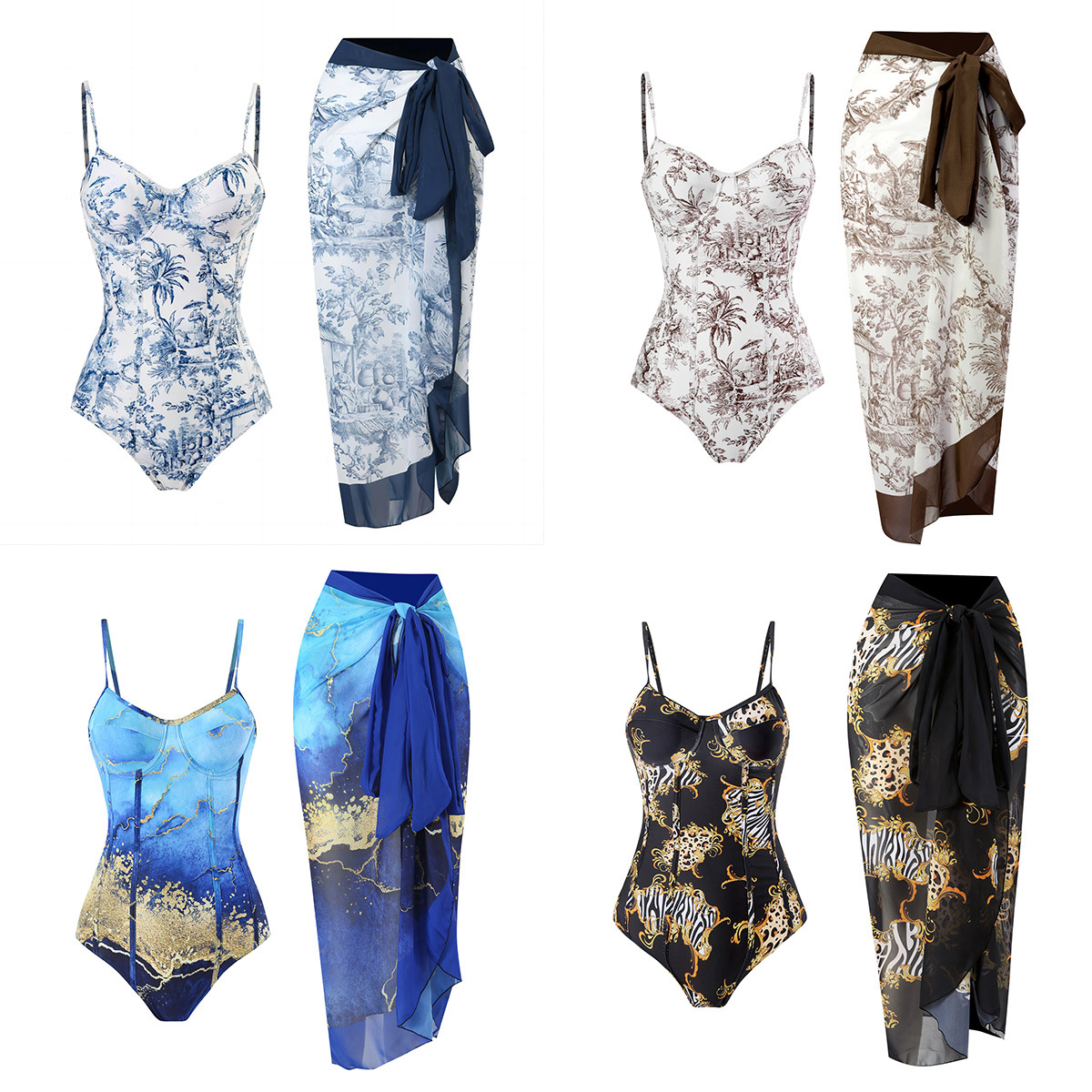 2024 New Amazon foreign trade swimsuit polyester Asian star empty tiger pattern printed chiffon skirt bikini one-piece delivery