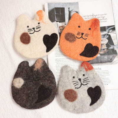 ins Style Wool Felt Love Cat Coaster Absorbent Heat Insulated Placemat Photo Props Personalized Gift Desktop Ornaments