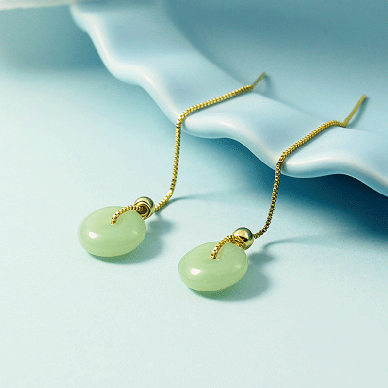 Hetian Jade Safe Buckle Ear Line Women's Hanfu Ancient Costume Moisture Texture Slim Long Tassel Gold-plated Jasper Earrings