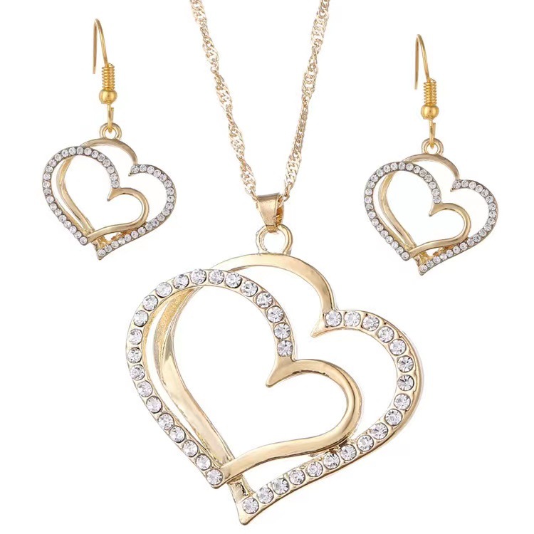 European and American popular jewelry suit wedding dinner wedding accessories double heart-shaped peach heart-shaped earrings necklace factory direct sales