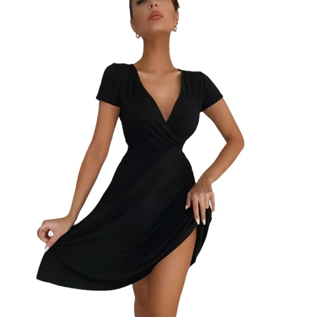 European and American Foreign Trade women's clothing Amazon new V-neck solid color short sleeve casual home large swing women's knitted dress