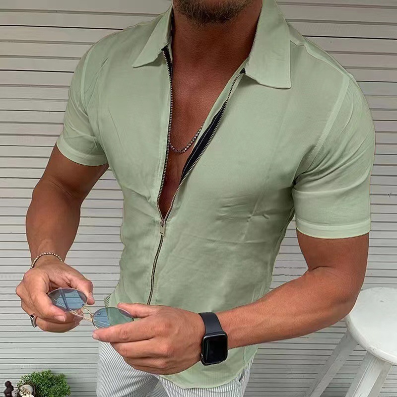 Foreign Trade 2022 Summer Cross-border Men's Solid Color Zipper Short-sleeved Shirt Slim-fit Men's Casual Lar Cardigan