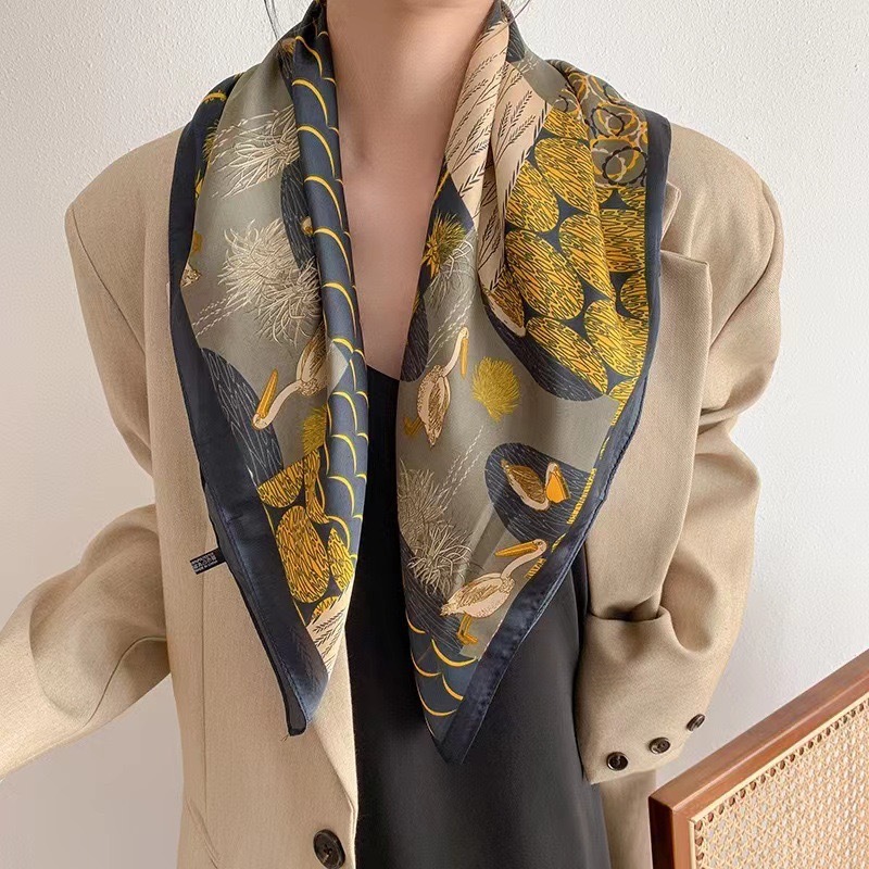 New Style Silk Scarf Women's Fashion All-Match High-Level 70 Square Scarf Korean Style Neck Protection Scarf Spring and Autumn Retro Scarf Tie Bag