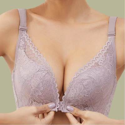 Front Buckle Ultra-thin Large Size Underwear Women's Summer No Steel Rings Large Chest Small Push-up Anti-sagging Lace Beautiful Back Bra