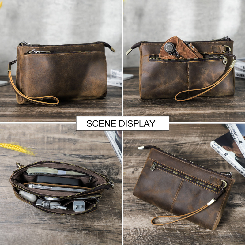 Black Angel Vintage Crazy Horse Cowhide Casual Men's Mobile Phone Headset Storage Bag Multi Zipper Bag Combeter Clutch Bag
