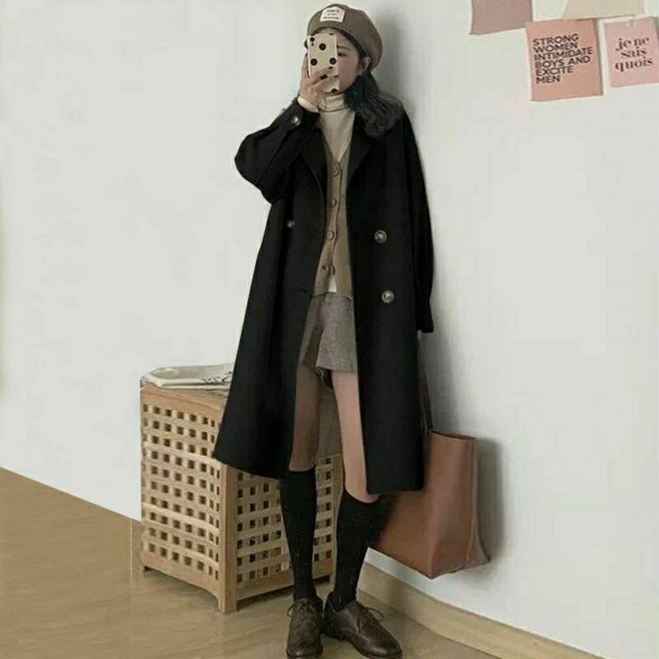 Wollmantel Damen Mittellang Klein Frühling und Herbst Neuer Hepburn-Stil Koreanischer Lockerer Beliebter Wollmantel Strickjacke_voghion.com