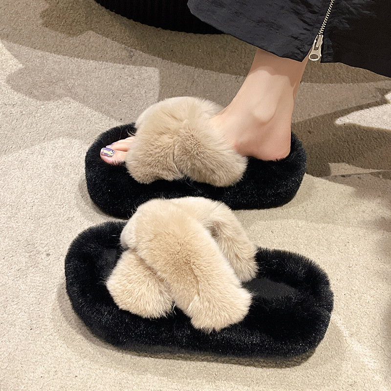 Increased 7cm thick-soled fluffy slippers women's autumn and winter outer wear 2024 new European explosion color matching wool plush cotton slippers