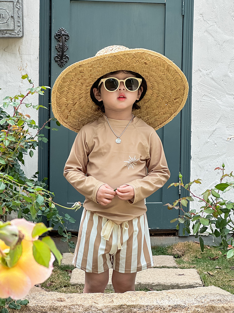 Boys' Swimsuit Summer 2023 New Fashionable Korean-style Long-sleeved Sunscreen Split Swimsuit Baby Beach Three-piece Set
