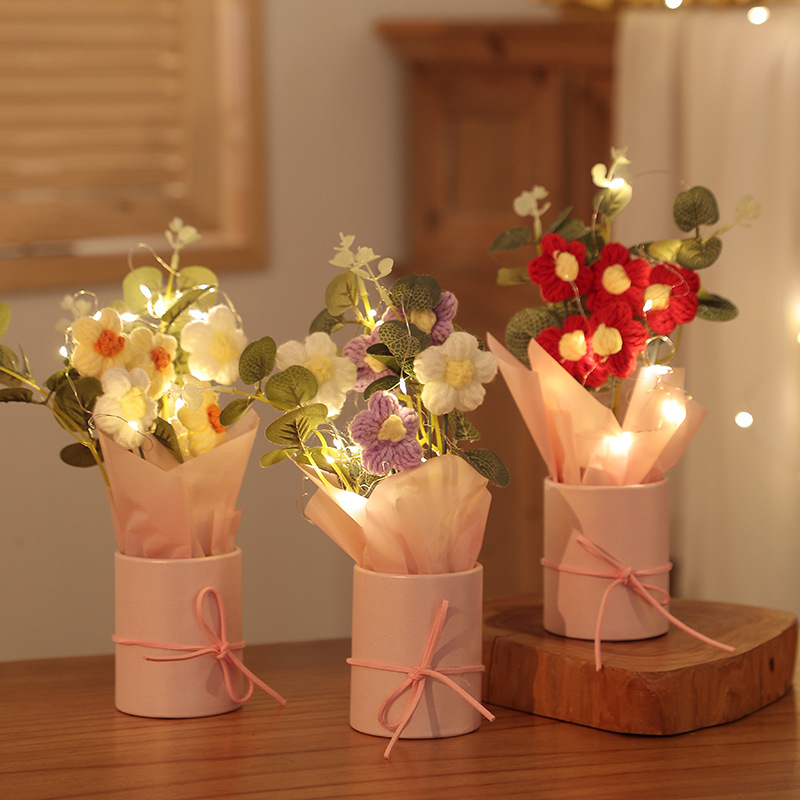 5 Puffs Barrel Valentine's Day Bouquet Wool Flower DIY Hand-woven Flower Knitted Flower Christmas Gift for Girlfriends
