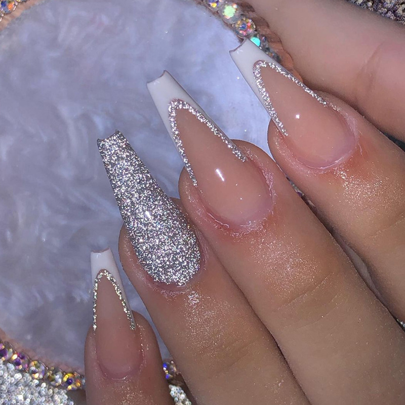 Pure Shining White French Long Ballet European and American ins Hot Girl Sweet Wearable Nail Piece nails