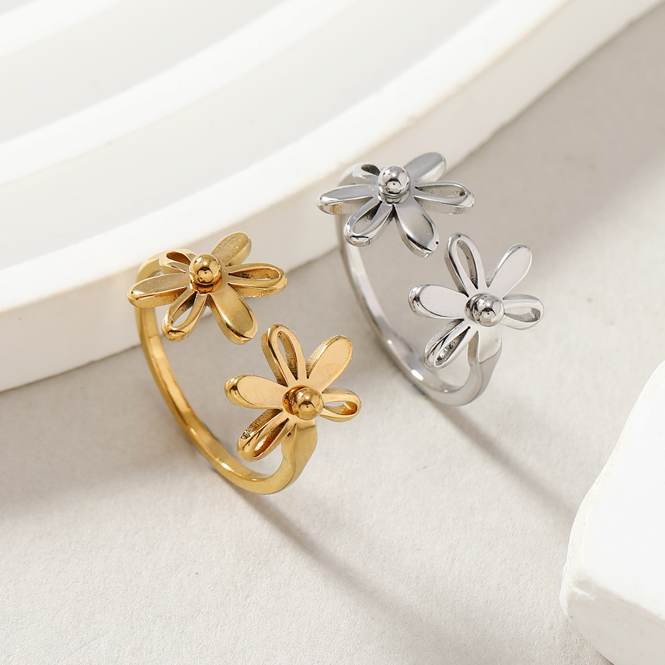 Cross-Border fashion titanium steel ring niche high-grade double-layer flower opening adjustable ring stainless steel jewelry factory