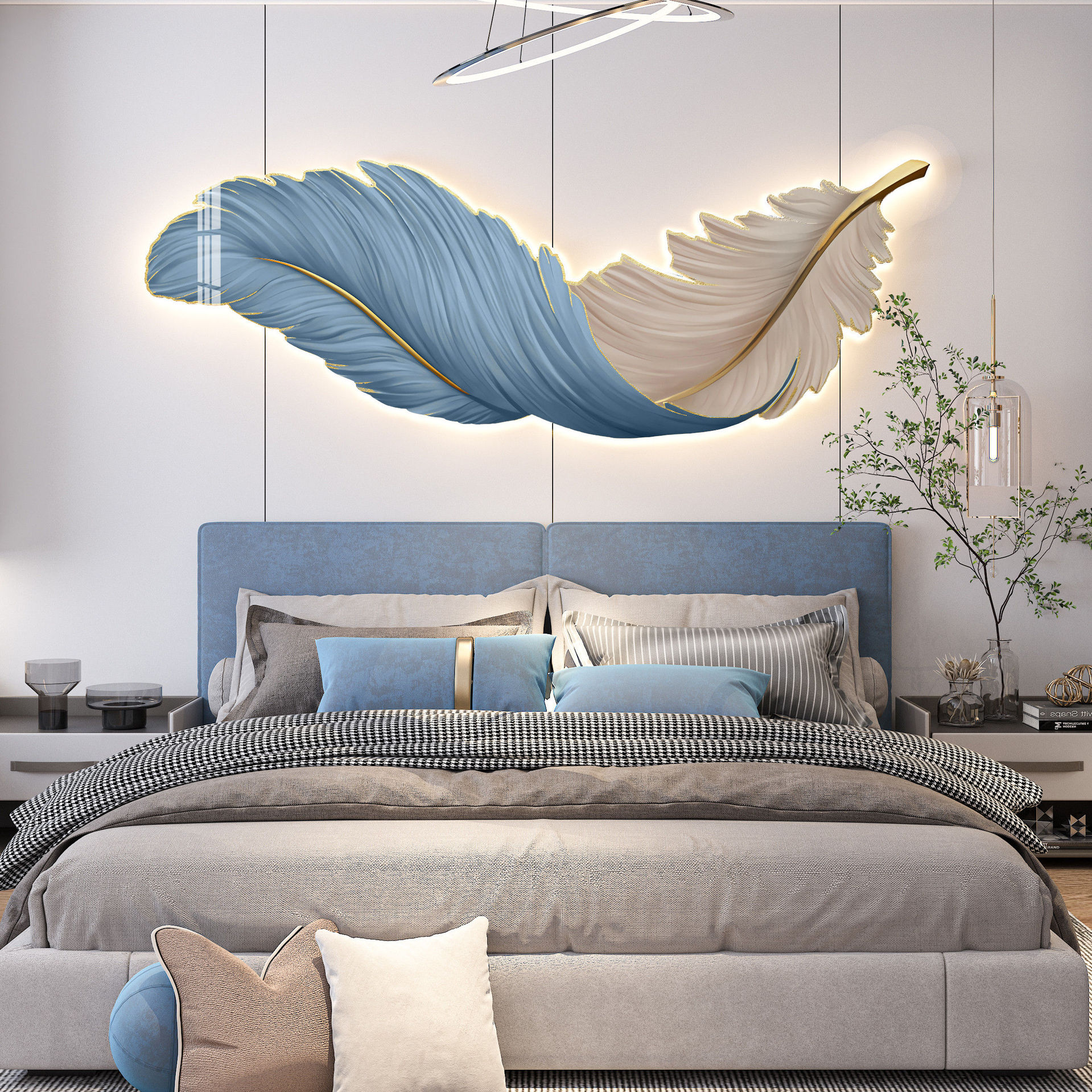 LED lighted feathered living room decoration painting sofa background wall hanging modern minimalist luxurious entryway wall art