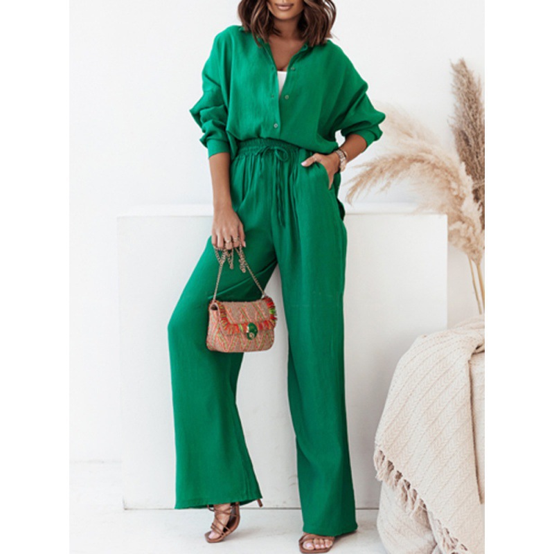 2022 European and American Autumn and Winter INS New Loose Stretch Wrinkled Long-sleeved Shirt Wide-leg Pants Casual Set for Women