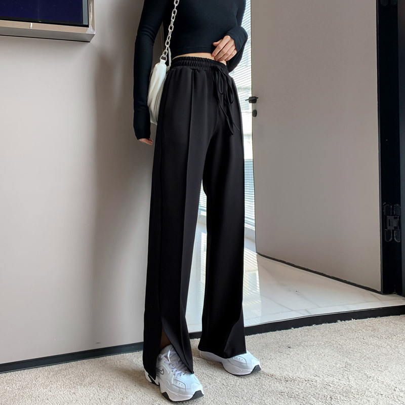 Black Side Slit Pants Women's Spring and Autumn Draping High Waist Slim Look Women's Loose Wide Leg Straight Trousers