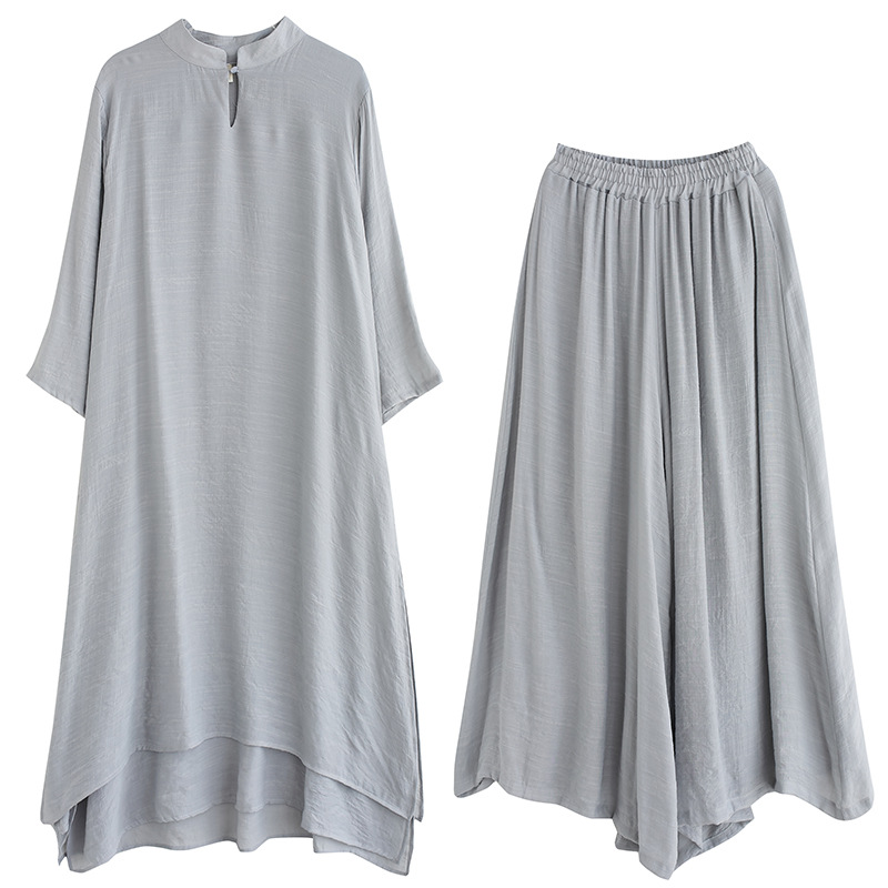 Foreign trade plus size spring original Chinese medium and long version artistic yoga clothes tea clothes Zen dance clothes suit women's artistic two-piece suit