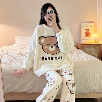 Cross-border hot selling autumn and winter pajamas women's flannel warm thickened cartoon home wear Amazon suit large quantity discount