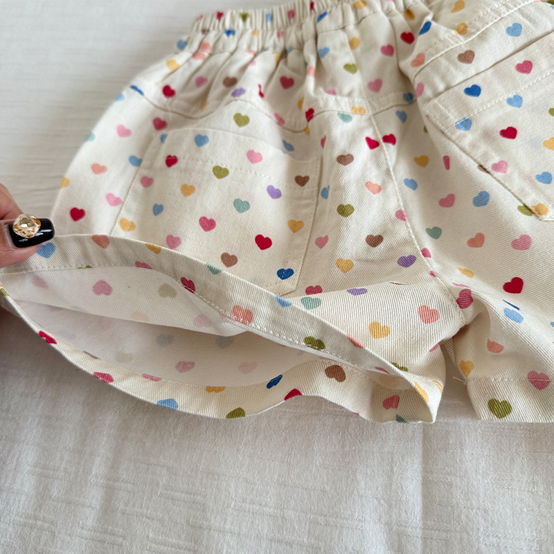 2024 New Summer Children and Girls Korean Style Pastoral Girl Style Color Love Printed Twill Shorts