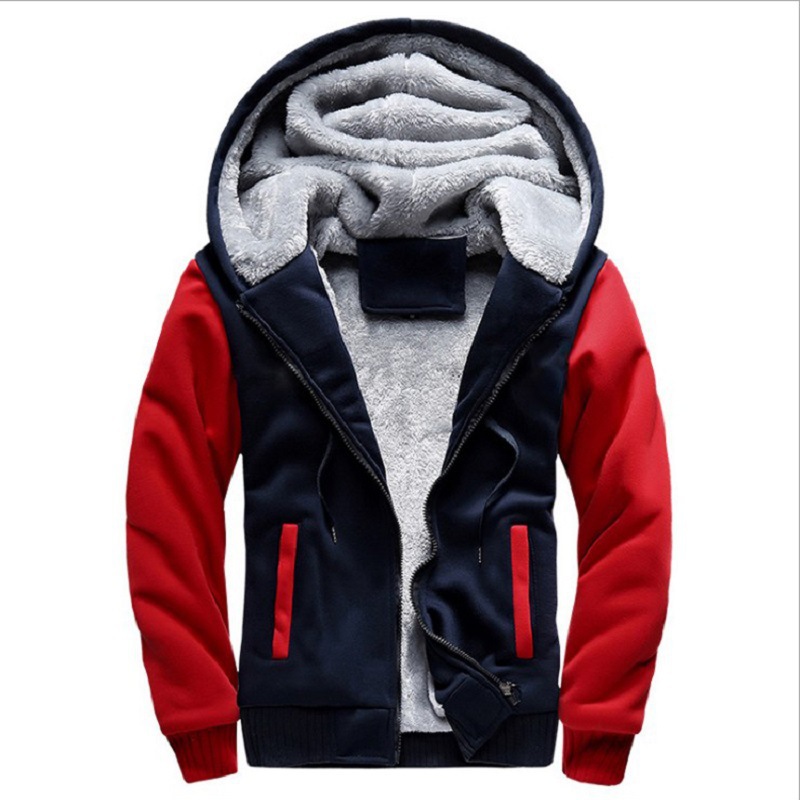 Cross-border foreign trade Winter New Sports European and American men's thick sweater fleece-lined zipper cardigan color matching hooded coat for men