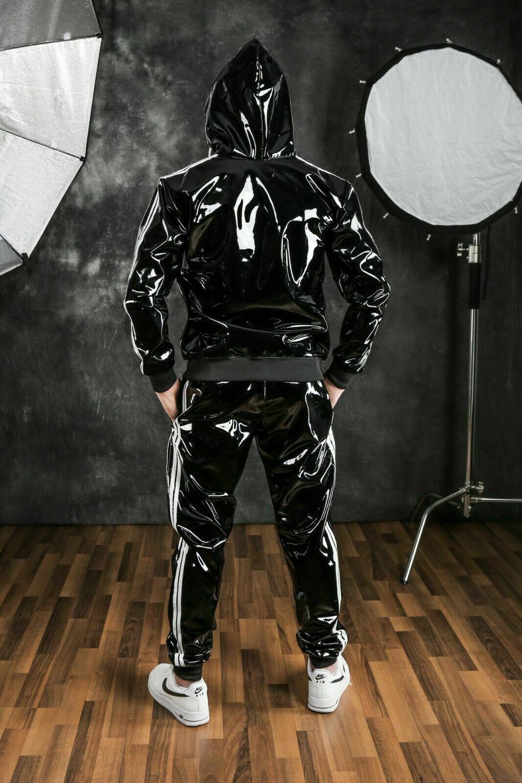 2021 Amazon wish new hooded fashion PU bright leather sports suit TZ2399