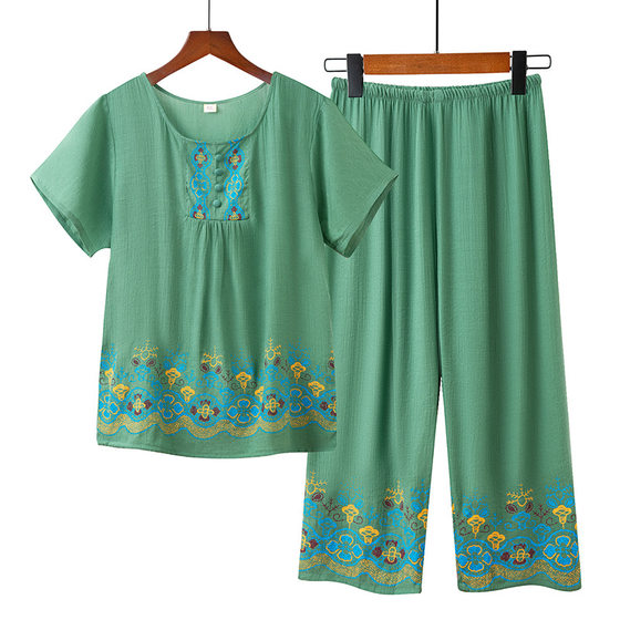Cotton and Linen Mother's Pajamas Women's Summer Short-sleeved Suit Summer Thin Casual Home Clothes for Middle-aged and Elderly